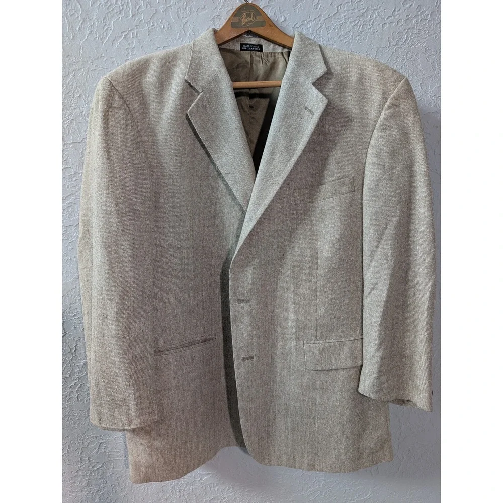 Oscar de la Renta 100% Silk Blazer 46R Beige Tan 2 Button Sport Coat Mens
